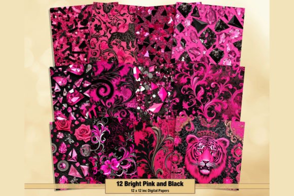 Elevate Projects with Bright Pink and Black Glam Digital Paper