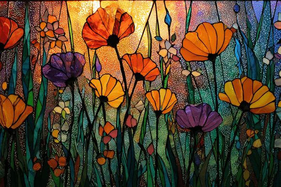 Poppies Field Stained Glass Sunset: A Modern Design Asset